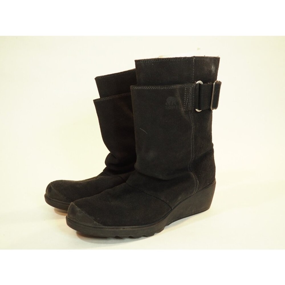 Sorel Black Suede Buckle Wedge Heel Snow Boots, Size 9.5 (US)